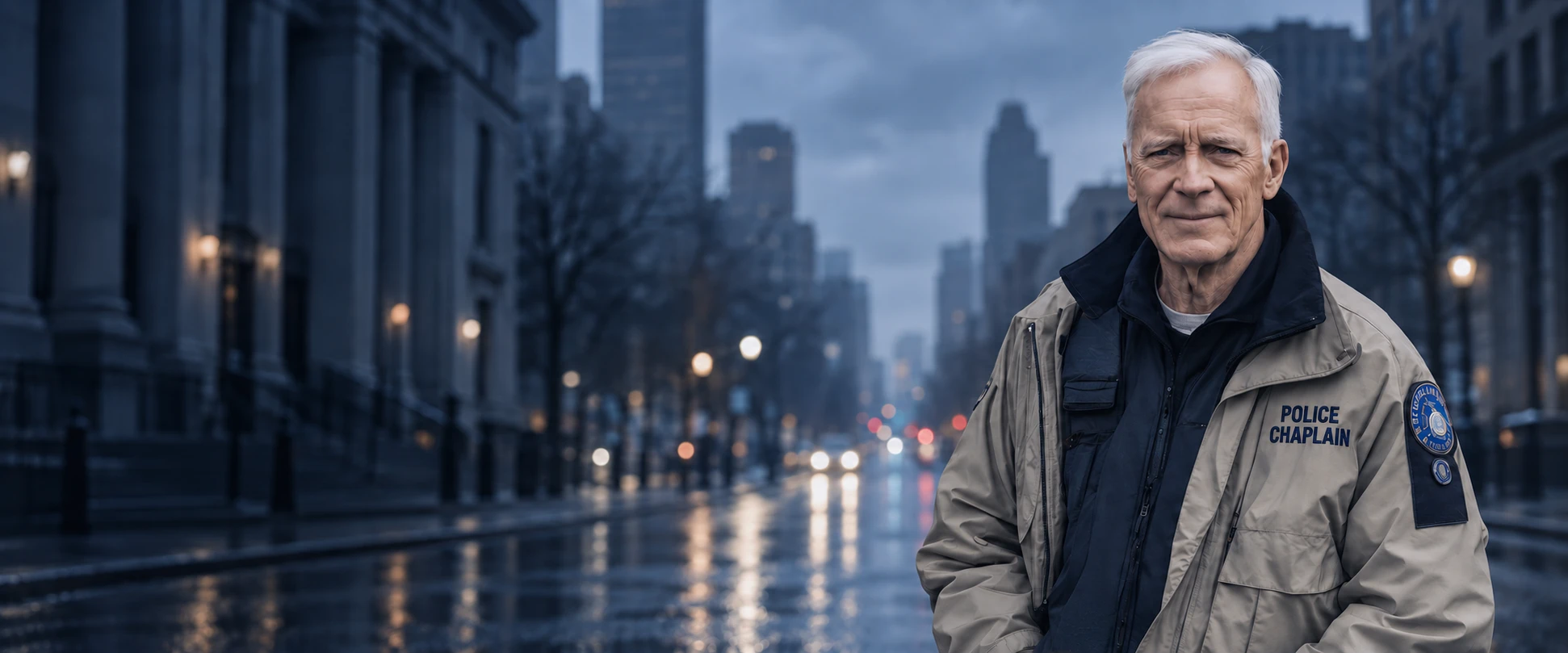 A police chaplain stands on a city street, wearing a jacket marked Police Chaplain.